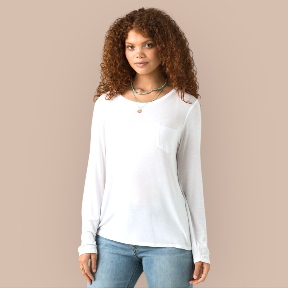 NWT Prana Women's White Foundation Long Sleeve Crew Neck Tee Top Tencel Modal